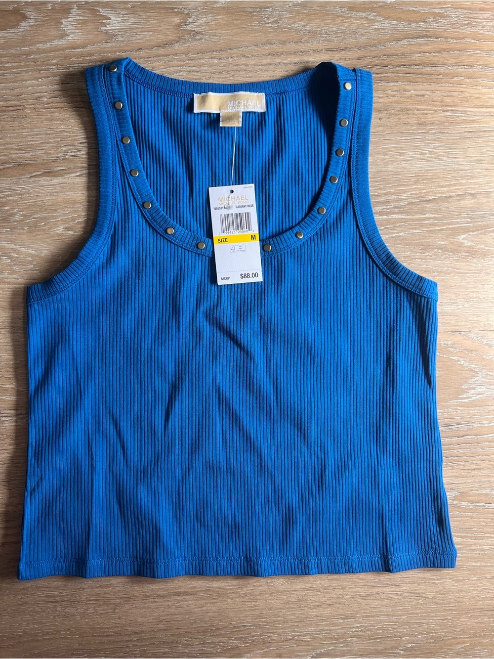 Michael Kors Blue Ribbed Tank Top with Stud Detail